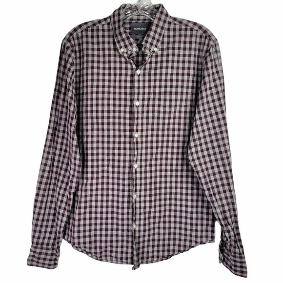 Bonobos Shirt Button Down Mens Size M Maroon Gray Plaid Tailored Slim Fit LS - Picture 2 of 9